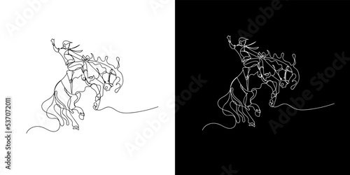 continuous line of men riding wild horses. line art drawing of a man riding a horse in turmoil