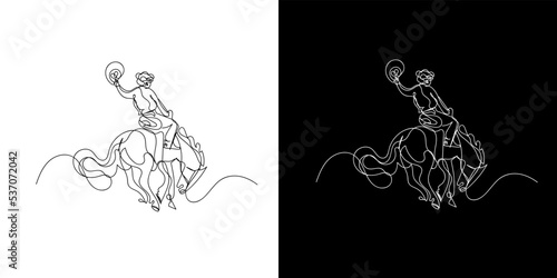 continuous line of men riding wild horses. line drawing of a man riding a horse in turmoil