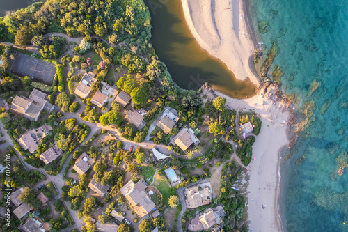 Aerial view of Americains beach along Cavu river, Corse, France. photo