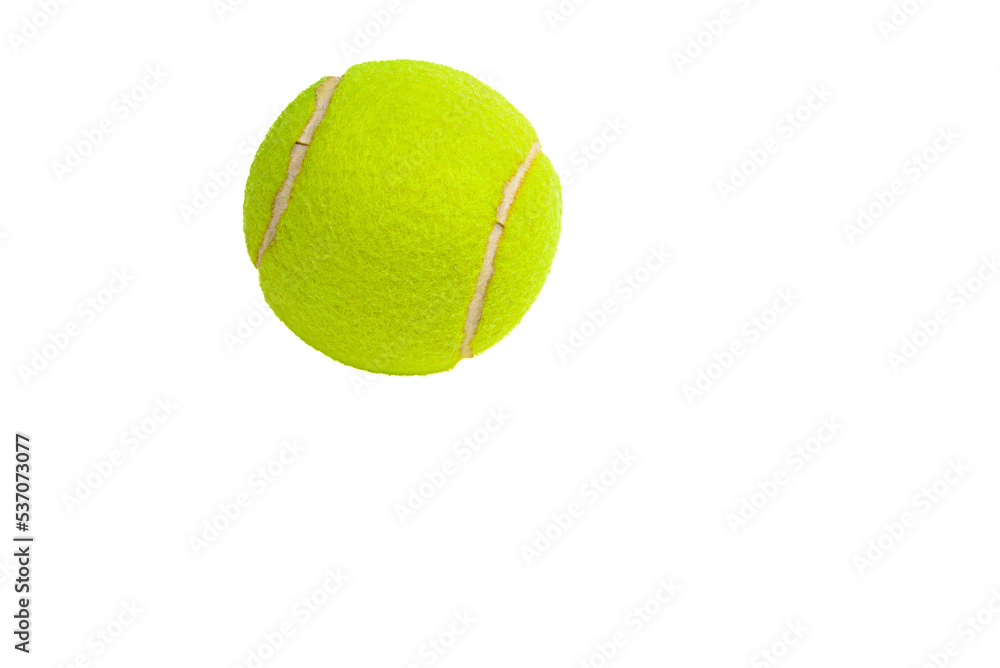 Tennis ball on a white background, in the upper left side. copy space