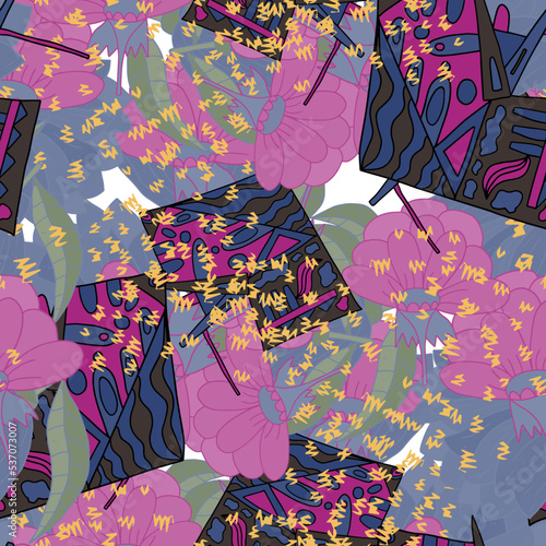 Fantasy messy freehand doodle geometric shapes and flowers seamless pattern. Infinity ditsy scribble abstract card, layout. Creative background. Textile, fabric, wrapping paper.