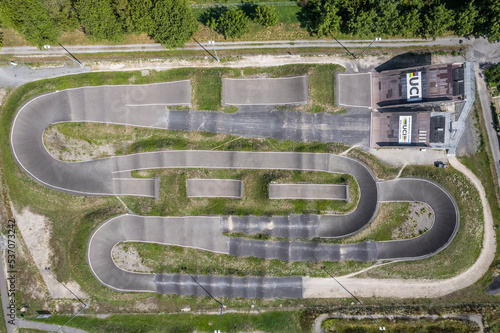Aigle, Switzerland - 19 August 2022: Aerial view of a kart racing circuit in Aigle, Switzerland. photo