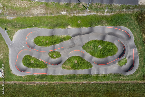 Aigle, Switzerland - 19 August 2022: Aerial view of a kart racing circuit in Aigle, Switzerland.