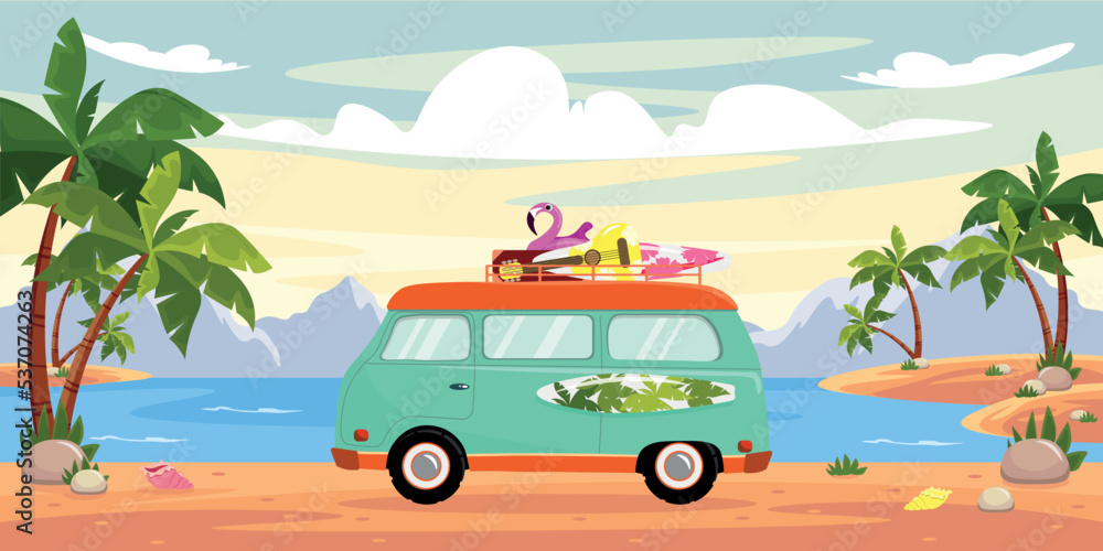 Vector illustration of travelers in a hippie car. Cartoon landscape with hippie car, ukulele, surfboard, palm trees against the backdrop of the sea and mountains.