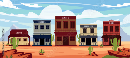 Vector illustration of old wild west houses. Cartoon landscape with American buildings of shop, bank, hotel, sheriff, bar on the background of mountains.