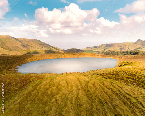 Aerial view of the crater lakes Lake Funda and Lake Rasa, Flores, Azores, Portugal. photo