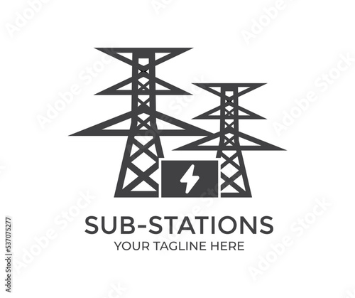 Electric power substation, sub-station with power lines and transformers logo design. High voltage power substation vector design and illustration. 