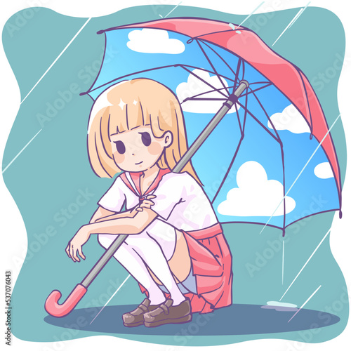 girl with umbrella waiting in rainy day