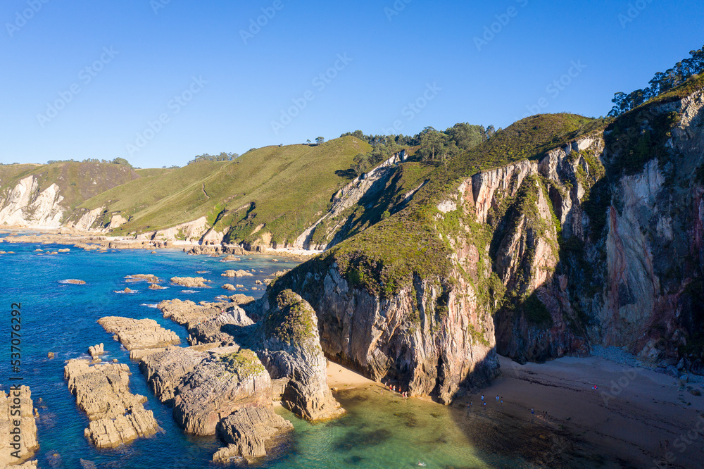 Aerial view of El Oso and La Franca Beach, Asturias, Costa Verde, Spain Aerial view of El Oso and La Franca Beach, Asturias, Costa Verde, Spain