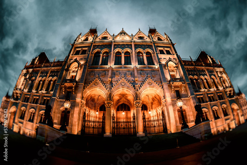 East facade at night of Hungarian Parliament Building at night. Budapest, Hungary