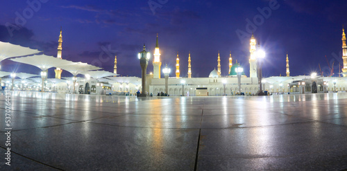 Al Masjid an Nabawi mosque beatuful sunset cloudy , Umra and Hajj Journey at Muslim`s holy lands photo