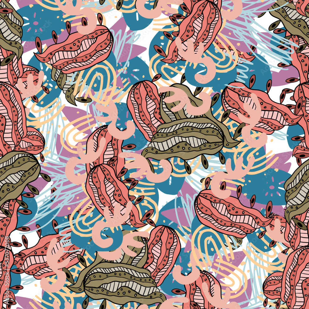Naklejka premium Fantasy messy freehand doodle geometric shapes seamless pattern. Infinity ditsy scribble abstract card, layout. Creative background. Textile, fabric, wrapping paper.