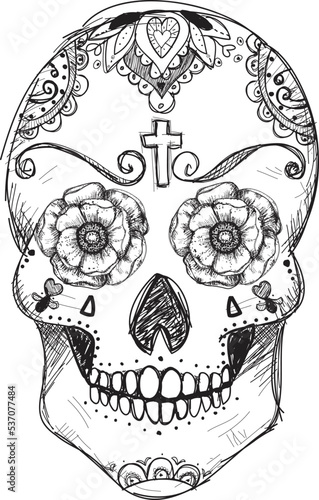 Halloween, Dia de Los Muertos, sugar skull vector black and white, hand drawn
