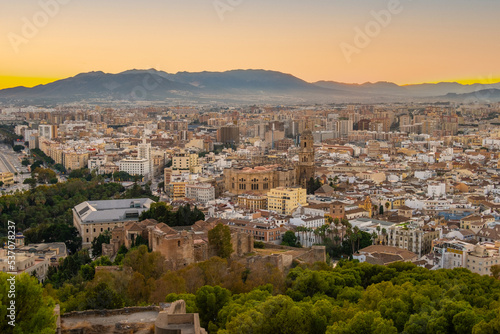 Aerial view of Malaga taken from Gibralfaro castle including Cathedral of Malaga, Andalucia, Spain.