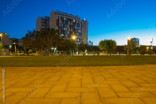 Night view of architecture and streets in Teatinos district in Málaga photo