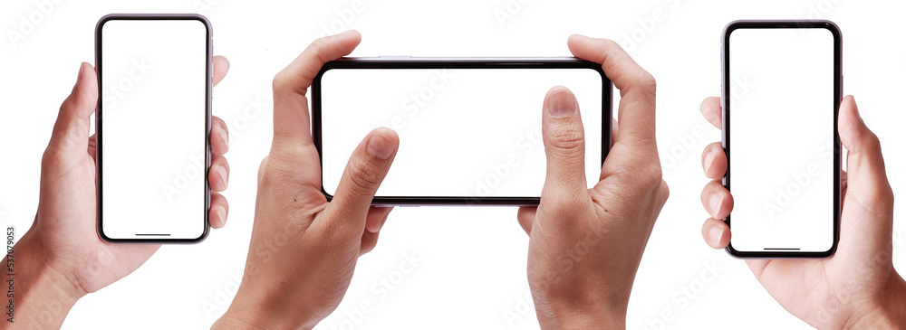 Foto Stock Hand holding phone PNG set with smartphone blank screen and  modern frameless design, hold Mobile phone on transparent background Ideal  for marketing, app design | Adobe Stock