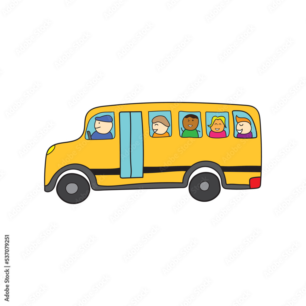 illustration vector graphic Kids drawing style funny cute yellow school bus with happy children in a cartoon style.