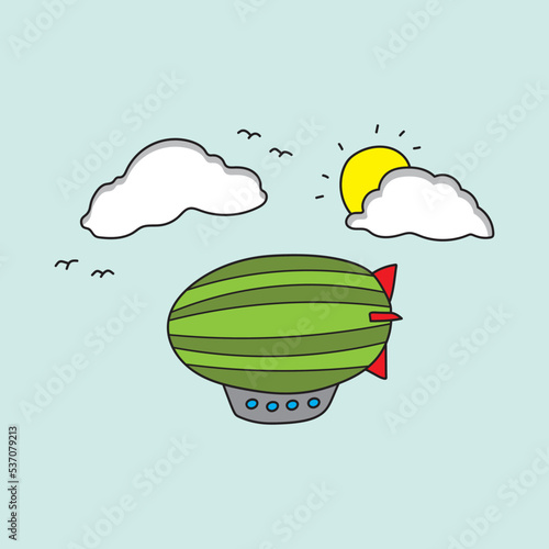 illustration vector graphic Kids drawing style funny green zeppelin flying in the sky in a cartoon style.