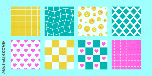 Set of grovy giometric patterns. Seamless pattern in y2k style. Geometry, hearts and smileys