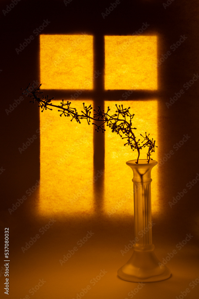 Naklejka premium Still life with a branch in a glass vase on a window background