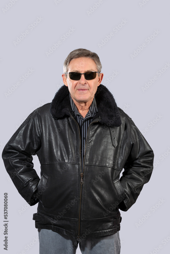 attractive elderly man with black leather jacket and sunglasses attractive elderly man with black leather jacket and sunglasses