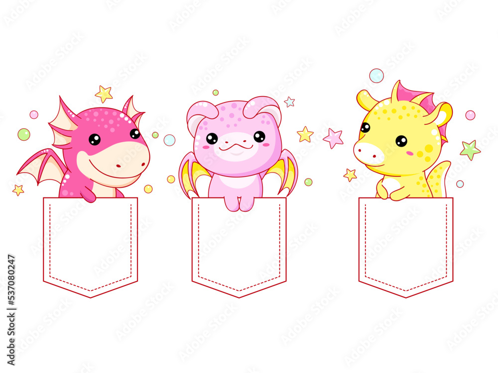 Set of kawaii fairy tale characters. Cute little dragon in pocket. Collection of funny happy baby dragons. Childish print for t-shirt design. Vector illustration EPS8 Set of kawaii fairy tale characters. Cute little dragon in pocket. Collection of funny happy baby dragons. Childish print for t-shirt design. Vector illustration EPS8