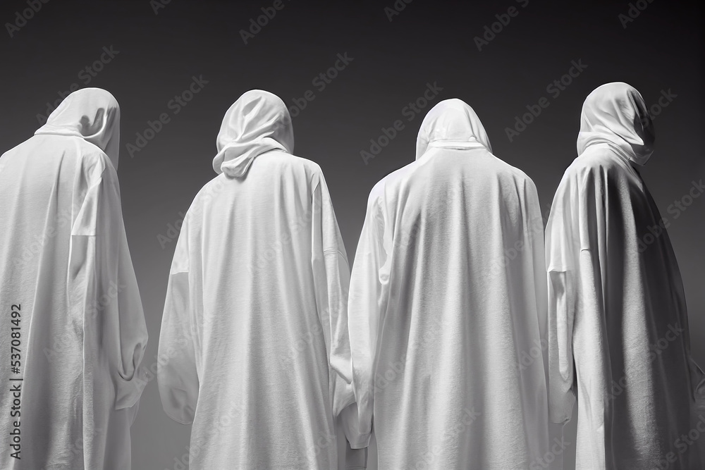 Four white ghost silhouettes on a gray background. people in white sheets. Halloween Four white ghost silhouettes on a gray background. people in white sheets. Halloween