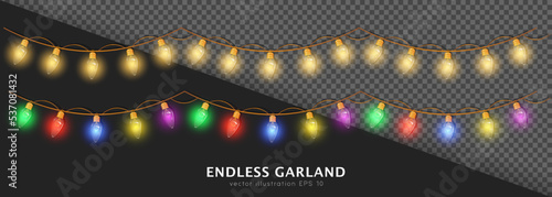 Set of two 3d colorful and yellow seamless Christmas garland lights. Glowing bulbs on golden wire for holiday decoration. Realistic festive Garlands string isolated on transparent background.
