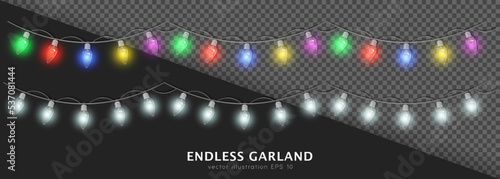 Set of two colorful and white seamless 3d Christmas garland lights. Glowing bulbs on silver wire for decoration. Realistic festive multicolored Garlands string isolated on transparent background.