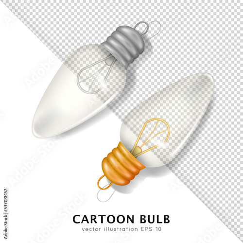 Two 3d incandescent bulbs. Vector cartoon transparent switched off light bulbs. Realistic glossy garland light. Electricity turning off