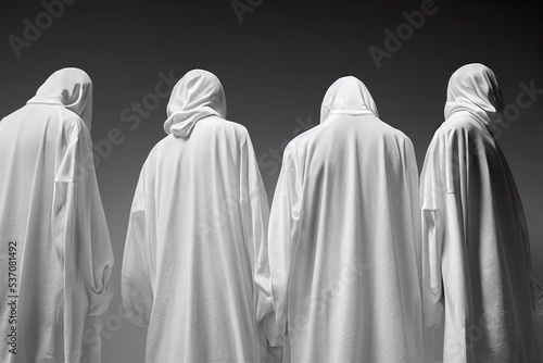 Four white ghost silhouettes on a gray background. people in white sheets. Halloween