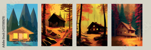 Autumn forest with wooden house on glade. Vector cartoon illustration of deep woods landscape with forester hut, grass and orange trees. Fall scene with cottage
