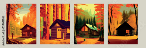 Autumn forest with wooden house on glade. Vector cartoon illustration of deep woods landscape with forester hut, grass and orange trees. Fall scene with cottage