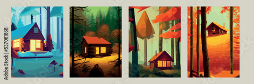 Autumn forest with wooden house on glade. Vector cartoon illustration of deep woods landscape with forester hut, grass and orange trees. Fall scene with cottage