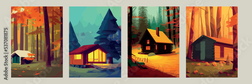 Autumn forest with wooden house on glade. Vector cartoon illustration of deep woods landscape with forester hut, grass and orange trees. Fall scene with cottage