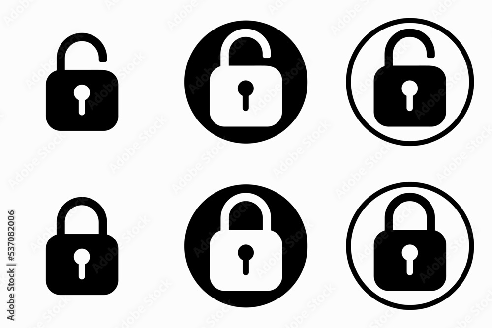Black lock set icons. Open and closed padlock icon. Collection black symbols lock and unlock on a white background with a shadow. For web site or mobile app. Vector illustration. Black lock set icons. Open and closed padlock icon. Collection black symbols lock and unlock on a white background with a shadow. For web site or mobile app. Vector illustration.