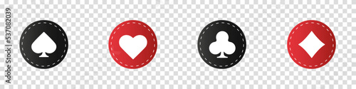 Hearts diamonds clubs spades sign realistic chips. Playing card suit symbols. Vector illustration card sign on transparent background. Icon for mobile app or web site.
