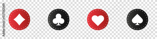 Hearts diamonds clubs spades sign realistic chips. Playing card suit symbols. Vector illustration card sign on transparent background. Icon for mobile app or web site.