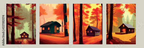 Autumn forest with wooden house on glade. Vector cartoon illustration of deep woods landscape with forester hut, grass and orange trees. Fall scene with cottage