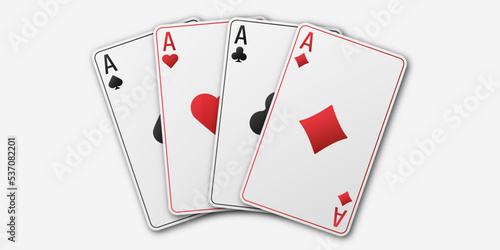 Fan of four cards ace of different suits. Hearts, spades, diamonds, clubs. Realistic playing cards. Vector illustration isolated on white background.
