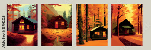 Autumn forest with wooden house on glade. Vector cartoon illustration of deep woods landscape with forester hut, grass and orange trees. Fall scene with cottage