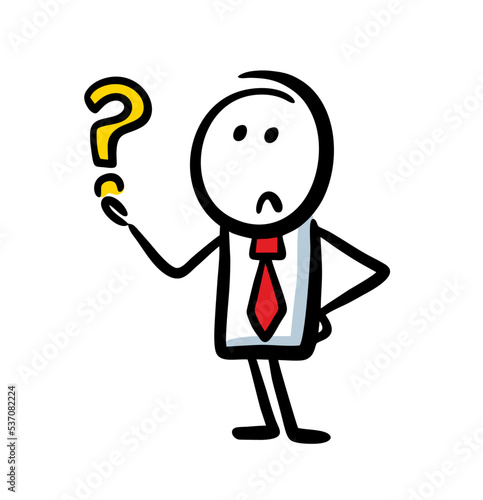 Funny stickman office worker asking the question with sign.