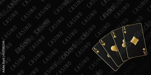 Fan of four black and gold card aces of different suits. Hearts, spades, diamonds, clubs. Realistic cards for playing poker or casino. Vector illustration of a black table background.