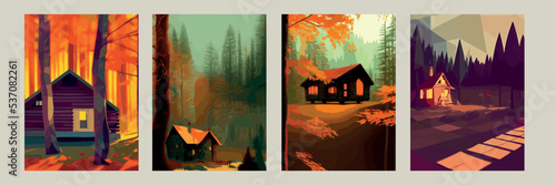 Autumn forest with wooden house on glade. Vector cartoon illustration of deep woods landscape with forester hut, grass and orange trees. Fall scene with cottage