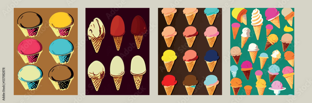 A set of delicious ice cream. Sweet summer treat sundaes, prefabricated ...