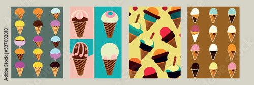 A set of delicious ice cream. Sweet summer treat sundaes, prefabricated insulated ice cream cones and popsicles with different fillings. Vector illustration for web, design, printing.