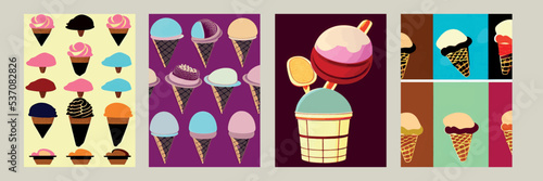 A set of delicious ice cream. Sweet summer treat sundaes, prefabricated insulated ice cream cones and popsicles with different fillings. Vector illustration for web, design, printing.