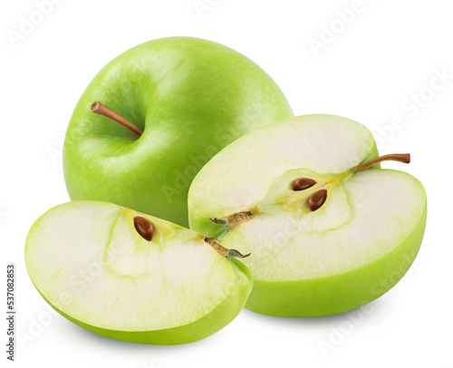 Apple isolated. Ripe green apple and apple slice isolated on white background. Fresh fruits.