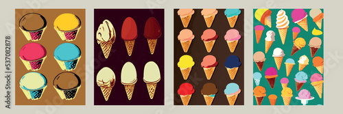 A set of delicious ice cream. Sweet summer treat sundaes, prefabricated insulated ice cream cones and popsicles with different fillings. Vector illustration for web, design, printing.