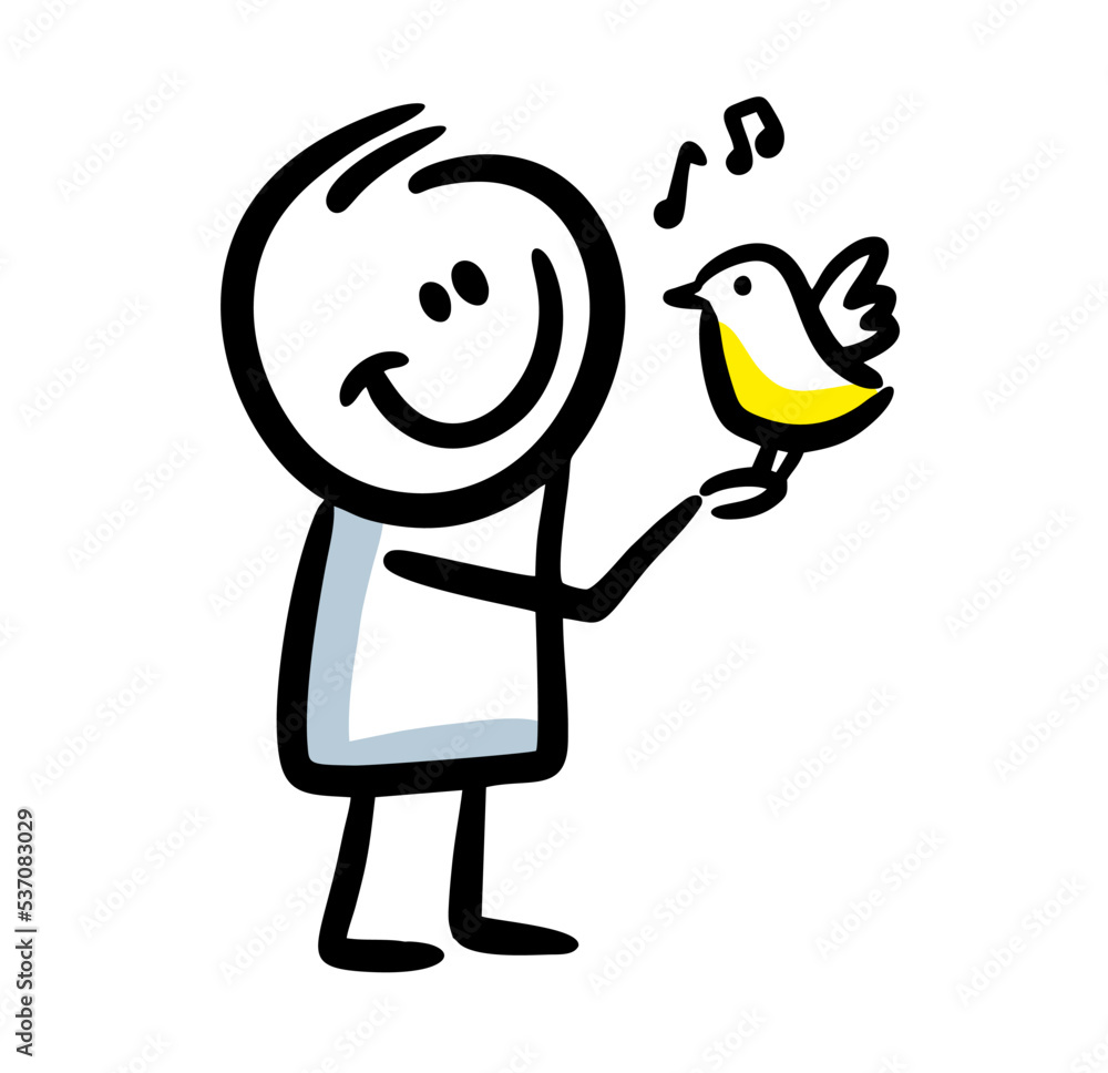 Happy character holding singing bird in his hand. Happy character holding singing bird in his hand.